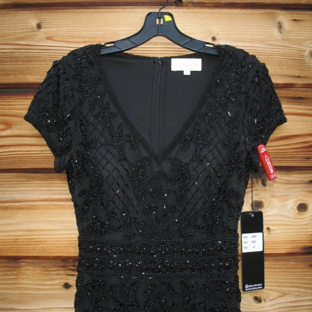 NWT LARA 29225 Black Size 4 Cap Sleeve Beaded Midi Dress - Picture 6 of 14